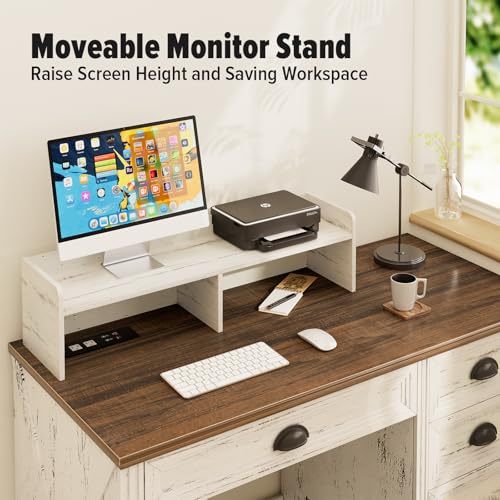 Lareth Computer Desk with Monitor Stand, 47 in Farmhouse Home Office Desk with LED Lights Power Outlets, Executive Desk with Storage for Working Gaming, Study Writing Table for Bedroom, Antique White Lareth