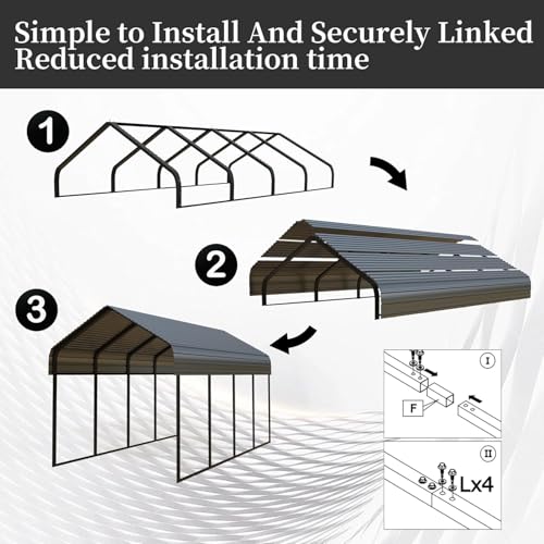 Poborin 20x20 ft Metal Carport for Outdoor Garages Steel Heavy Duty Portable Garage with Large Tall Carports Canopy for Snow, Car Ports with Galvanized Steel Roof & Frame - Grey Poborin