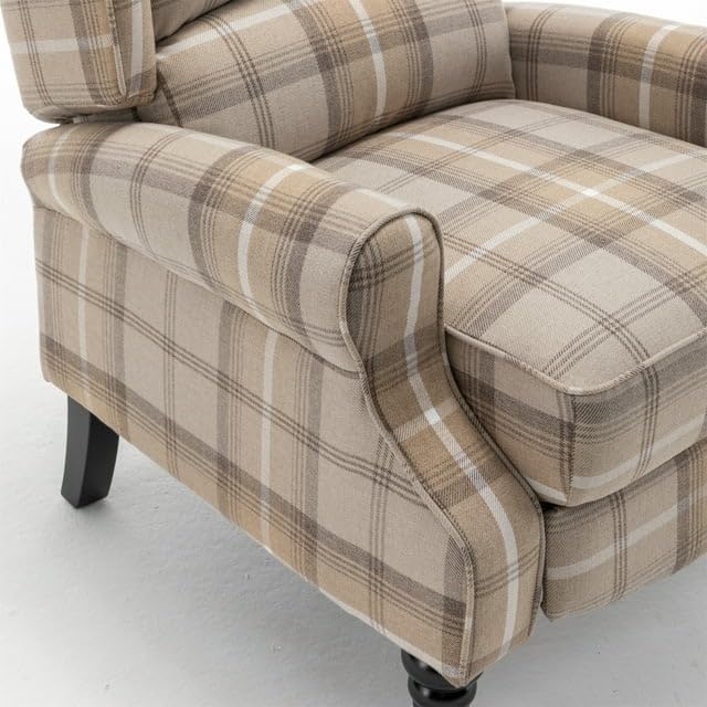 Upholstered Wingback Recliner Chair, Plaid Recliner Chair Armchair Adjustable Footrest Push Back Reclining Sofa, Mid-Century Modern Lounge Armchair for Living Room, Bedroom, Reading -- Natural PATIOPTION