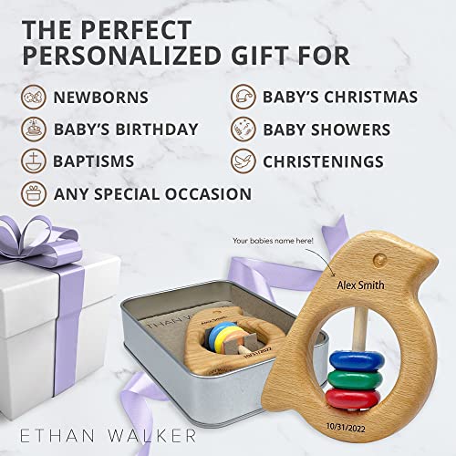 Personalized Wooden Baby Rattle Teether Gift with Baby Name Engraved β A Perfect Keepsake - Infant and Newborn Toys β Baby Girl or Boy Rattle and Teething Toy β Bird Primary Color Ethan Walker