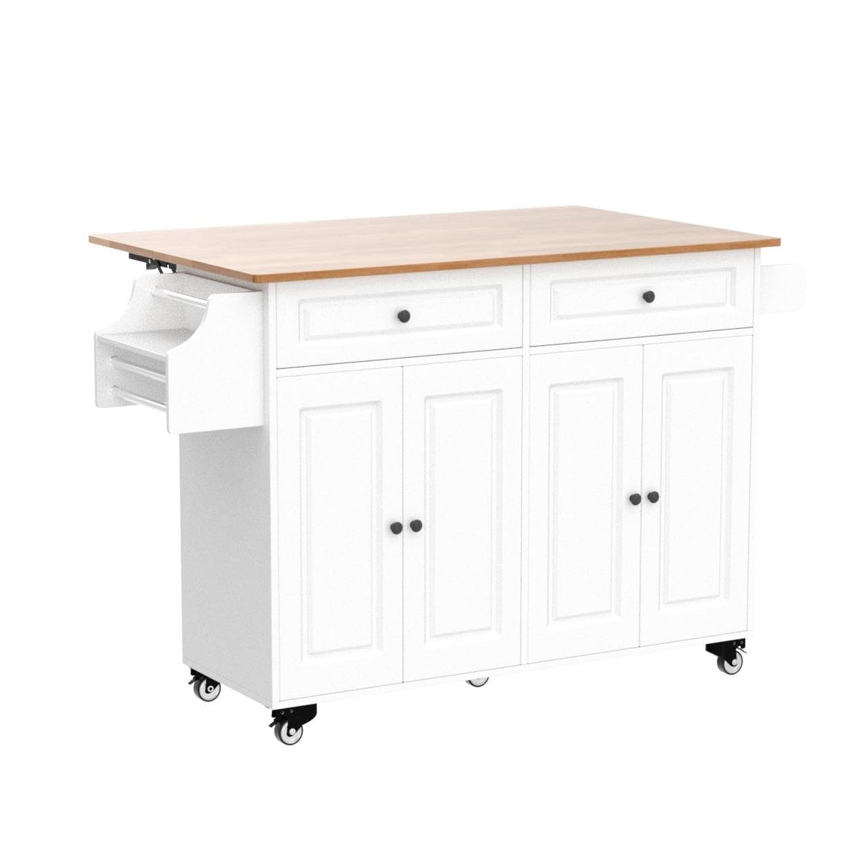 Qsun Kitchen Island on Wheels Kitchen Cart with Rubber Wood Top, Mobile Kitchen Island with Double Storage Cabinet and Drawers, Table (White) Qsun