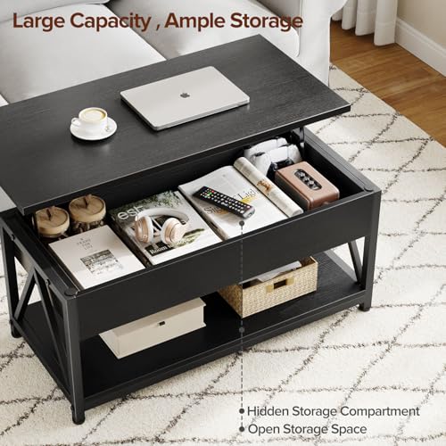 Memobarco Lift Top Coffee Table,Lift Coffee Table with Storage Shelf and Large Hidden Compartment for Living Room,Lifting top Coffee Table for Small Space,Black Memobarco