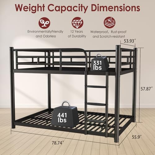 AUEYTVR Metal Full Over Full Size Bunk Bed for Adults & Kids,Low Profile Bunkbeds with Length Guardrail and Ladder, No Box Spring Needed,Space Saving,Black AUEYTVR