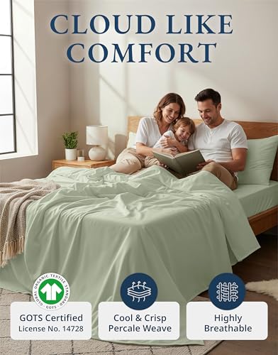 LANE LINEN 100% Organic Cotton Sheets Queen Size Bed Set, Machine Wash Eco Friendly Sustainably Produced Cotton Queen Sheet Set, Soft & Comfy Long Stabple Naturally Cooling Sheets– Mineral LANE LINEN