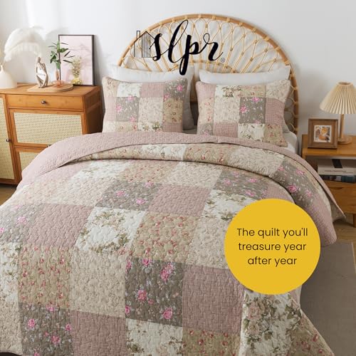 SLPR Secret Garden Patchwork Cotton Pieced Quilt Set - King with 2 Shams, Country Shabby Chic Bedding with Flower Pattern, Pink Floral Farmhouse Quilted Bedspread for All Seasons SLPR