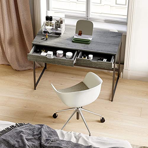 Bestier Rectangular Two Drawer Writing Computer Desk, Modern Engineered Wood Design, Stainless Steel Leg Frames, Modern Industrial Design, Gray Bestier