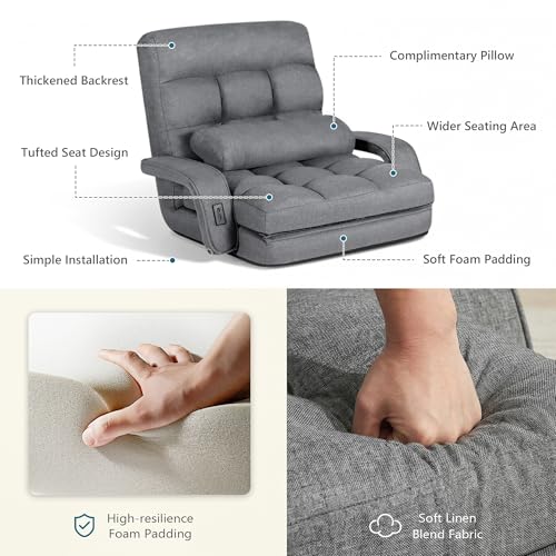 STHOUYN Comfy Floor Chair Bedroom 2 USB Charging Ports, 5-Position Couch Gaming Lounge Chairs Adults, Indoor Folding Lazy Sofa Meditation Arm Dorm Chair Living Room (Grey) STHOUYN