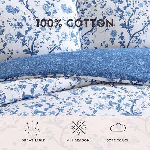 Laura Ashley - King Comforter Set, Reversible Cotton Bedding, Includes Matching Shams with Bonus Euro Shams & Throw Pills (Elise Blue, King) Laura Ashley