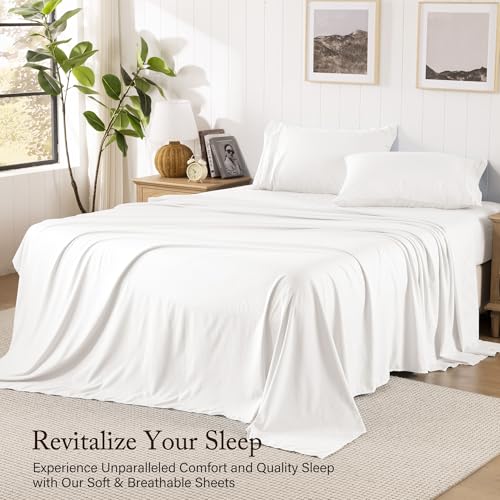 ROSE&RISY White King Sheet Set Pre-Washed Cotton-Like Microfiber, 4 Pieces Ultra Soft Bed Sheet Set King, Breathable Deep Pocket Skin Friendly, Includes 1 Fitted, 1 Flat, 2 Pillowcases (White, King)