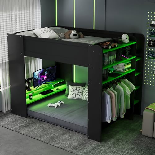 Merax Full Size Gaming Loft Bed with Height-Adjustable Desk, Wardrobe, Ample Storage Space and RGB Light, Solid Wood Bunk Bed Frame for Bedroom, No Box Spring Needed, Green Merax