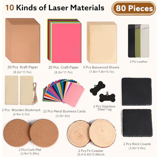 MiniStarCut 80 PCS Laser Materials Exploration Kit, DIY Laser Engraving Supplies Including Metal, Wood, PU Leather, Paper, Rock MiniStarCut