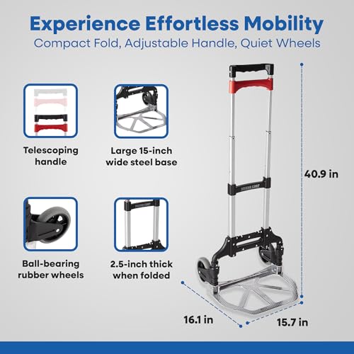 Magna Cart Personal 150 Pound Capacity Aluminum Folding Hand Truck with Telescopic Handle and Foldable Wheels for Industrial, Black and Red Magna Cart