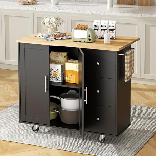 Shintenchi Kitchen Island with Folding Drop Leaf, Rolling Island Table with Storage, Kitchen Cabinet on Wheels with Seating Area for Kitchen, Bar Cart with Cabinet, Black Shintenchi