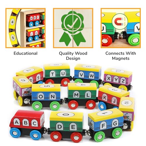 On Track USA Wooden Train Set ABC Magnetic Trains for Toddlers 12 Pieces, Compatible with All Train Track Accessory Sets, Alphabet and Numbers Toy Trains for Boys and Girls On Track USA