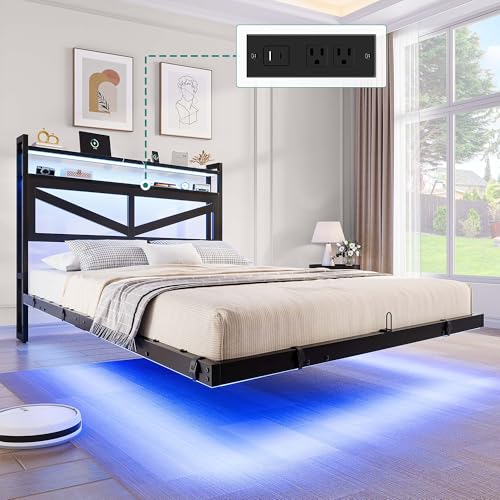 DWVO Full Size Floating Bed Frame with RGB LED Lights and Charging Station, Upholstered Platform Bed Frame with 2-Tier Storage Shelf Headboard, Solid Metal Slats, Noiseless, Easy Assembly, Black DWVO