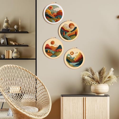 FONNUY Embroidery Kit for Beginners, Textured Vibrant Nature Landscape Pre-Stamped Pattern Kits for Adults with Hoop, Easy to Follow Color Thread Needlework, 8'' Hoop (Red 1)
