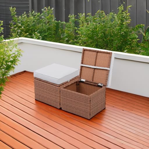 OPENAIRCOMFORT Premium Elegant Gray/Tawny 16.5" 2-Piece w/ 3" Fade-Proof Cushion, All-Weather Wicker Indoor/Outdoor Ottomans, PE Rattan Side Table & Footstools, Footrest, Ideal for Patio. OPENAIRCOMFORT