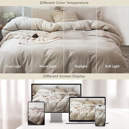MooMee Bedding Duvet Cover Set 100% Washed Cotton Linen Like Textured Breathable Durable Soft Comfy (Heathered Tannish Linen Grey, Queen 90"x90") MooMee