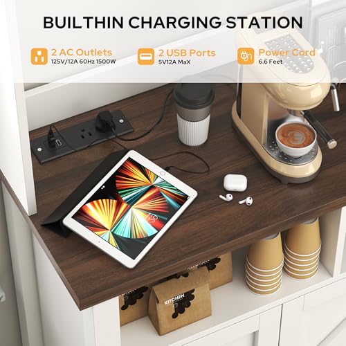 Buffet Sideboard with Storage Hutch with Power Outlets 4 Doors, Large Farmhouse Kitchen Storage Cabinet Wood Coffee Bar Cabinet with Goblet Holder and Cup Hooks for Kitchen, Dining Room, Entryway knoworld