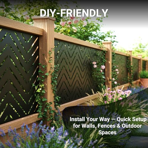 Metal Privacy Screen Outdoor โ 6FT Freestanding Decorative Steel Panel with Stand, Laser-Cut Chevron Pattern Modern Privacy Divider, Rustproof & Weather-Resistant Screen for Patio, Garden & Backyard TALLYVER
