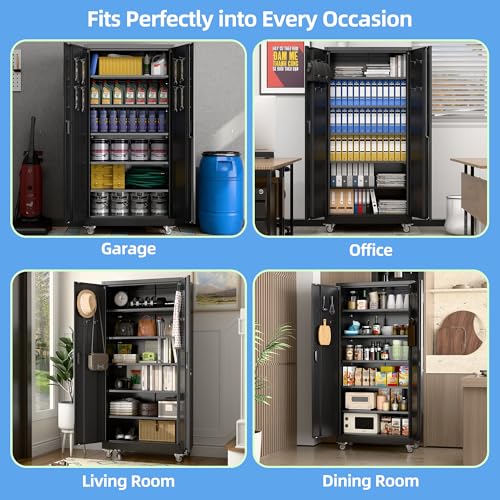 Reemoon Garage Storage Cabinet with Wheels, Metal Storage Cabinet with 5 Adjustable Shelves and Pegboard for Garage Home Utility Room,Required Assembly,Black,71" H×34" W×18" D Reemoon