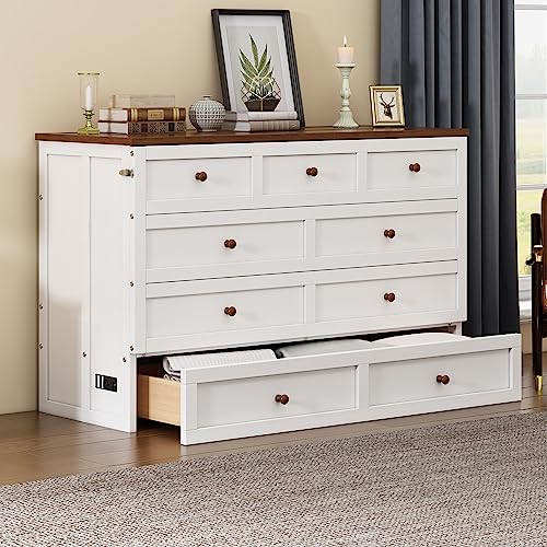 Full Size Solid Pine Murphy Bed Chest with Charging Station and Large Storage Drawe,Folding Feature Perfect for Home Office or Small Room. Brabrety