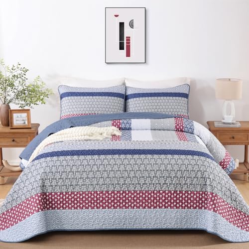 WONGS BEDDING Blue Red Quilt King Size, Bohemian Stripe Quilt Sets 3 Pieces Boho Quilted Bedspread Set Lightweight Microfiber Coverlet Bedding Set All Season (104"x90") WONGS BEDDING