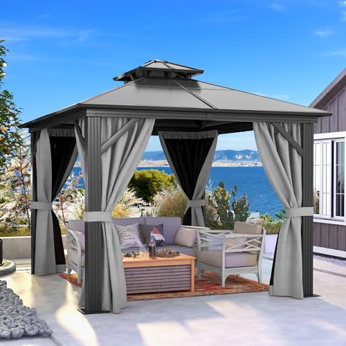 DWVO 10x10ft Gazebo Hardtop Double Roof Polycarbonate Canopy Outdoor with Netting and Shaded Curtains, Aluminum Frame Garden Tent for Patio, Backyard, Deck and Lawns, Gray DWVO