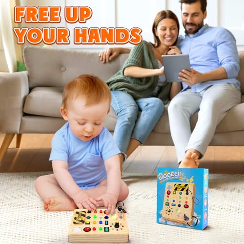 TINTECUSA Busy Board with LED Light, Wooden Sensory Toys for Toddler, Montessori Music Toy for Airplane, Travel Activity Educational Learning Autism Toys, Birthday Boys Girls Gifts TINTECUSA