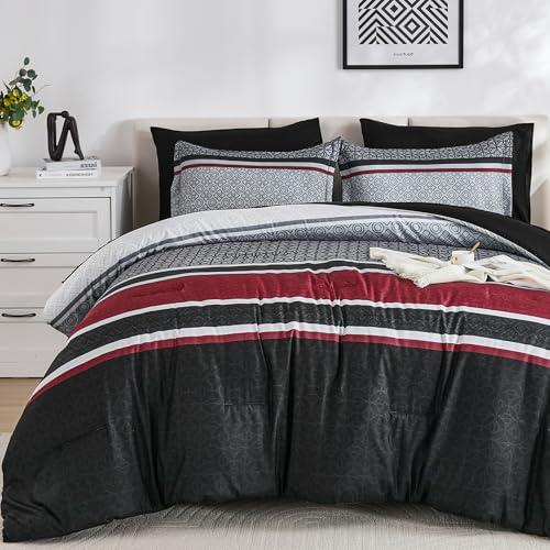 WONGS BEDDING 7 Pieces Comforter Set Queen Size, Black-red Striped Bed in a Bag Comforter and Sheet Set, Black Boho Soft Lightweight Micorfiber Bedding Set for All Season (90"Γ90") WONGS BEDDING