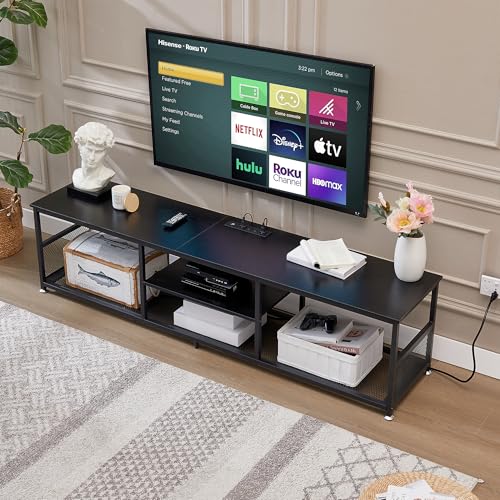 VECELO TV Stand with Power Outlets for Televisions up to 80Inch, 70" Media Entertainment Center with Charging Station 3-Tier Open Storage Shelves with Metal Frame for Living Room/Bedroom,Black VECELO