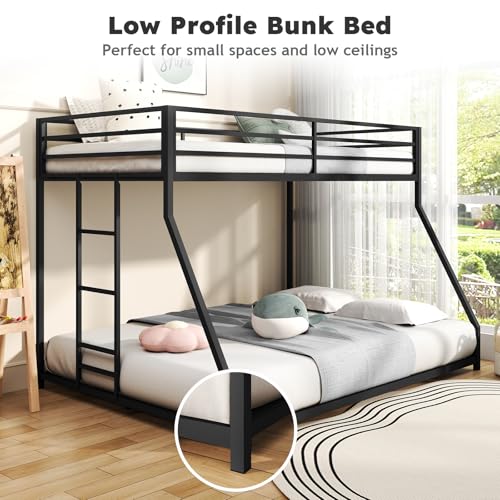 Zevemomo Twin Over Full Bunk Bed, Metal Low Profile Bunkbeds with Full-Length Guardrail and Ladder, Space Saving, No Boxing Spring Needed, Black Zevemomo
