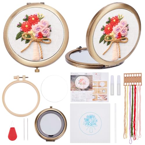 WEBEEDY Embroidery Starter Kit DIY Bouquet Mirror Embroidery for Beignners, Cross Stitch Makeup Mirror Kit with Stamped Flower Pattern for Women Birthday Bridesmaid Party Sewing Stitchwork Gift