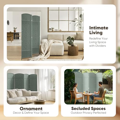 JOSTYLE Folding Privacy Room Divider, 4 Panel Screen Divider 6 ft. Tall Freestanding Extra Wide Rattan Room Partition Wall Separation Dividers, Grey JOSTYLE