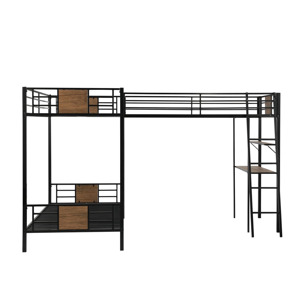 DNChuan Triple Bunk Bed L-Shaped,Twin Over Twin with Twin Loft Bed Desk and Shelf & 2 Ladders - Brown DNChuan
