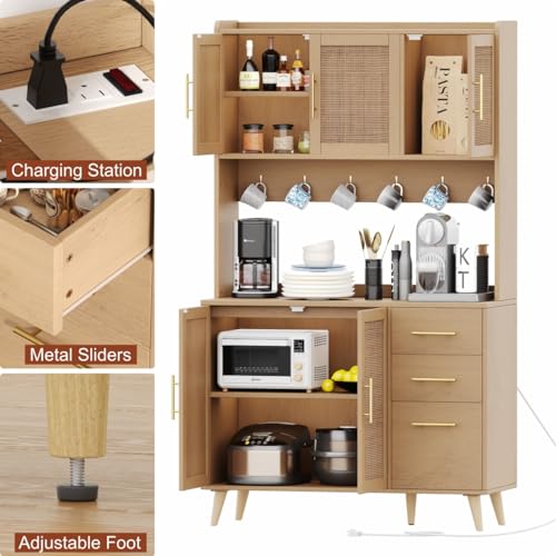 Rovaurx 70.9" Kitchen Pantry Cabinet with Microwave Shelf, Rattan Kitchen Hutch Cabinet with Charging Station, Tall Floor Cupboard Cabinet with Drawers and Doors, Natural KBG002ME Rovaurx