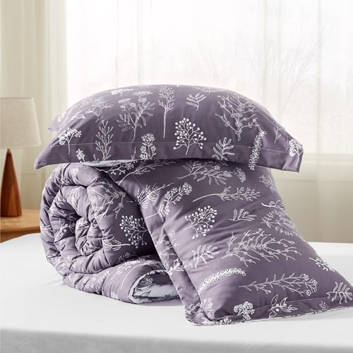 Bedsure Queen Comforter Set - Grayish Purple Bed Set, 3 Pieces Cute Floral Bedding, 1 Soft Reversible Botanical Flowers Comforter and 2 Pillow Shams Bedsure
