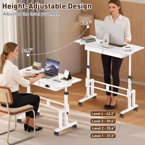 Height Adjustable Standing Desk with 2 Drawers, Small Sit Stand Up Desk with Wheels, Portable Rolling Desk for Walking Pad Treadmill, Computer Office, Adjustable 31.5"-43.3", White, Upgraded Stable Jsskeeim