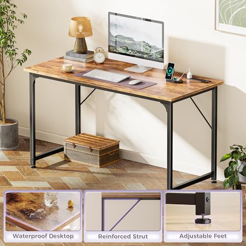PRAISUN 47 X 20 Inch Office Computer Desk with Power Outlets and USB-C Port, Larger Gaming Desk, for Home Office, Study, Bedroom, Writing Work from Home Table, Metal Frame, Rustic Brown PRAISUN