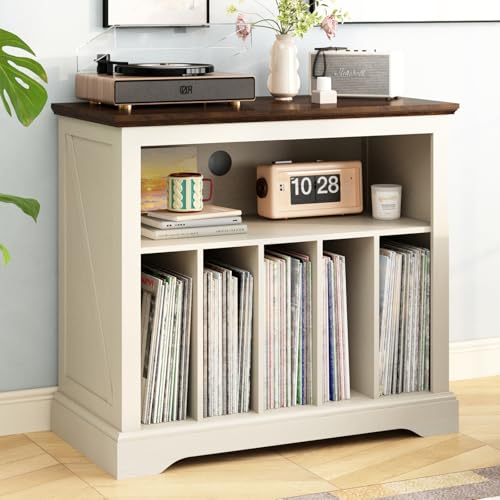 RowyPoey Large Farmhouse Record Player Stand, Turntable Stand with Vinyl Storage, Wood Record Holder Storage Cabinet Dispaly Shelf for Living Room, Bedroom, Office, Antique White RowyPoey