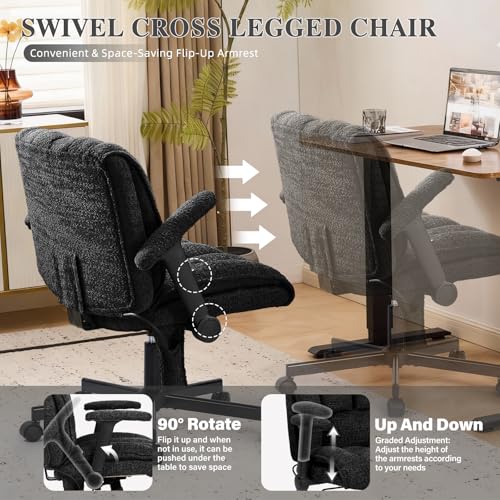 Criss Cross Legged Office Chair with Flip-Up Arms and Wheels, Wide Seat Desk Chair with Built-In Dynamic Airbag Lumbar Support, Modern Cross-Leg Chair for Home Office, Apartment, Vanity, Black Kassipo