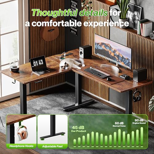 Huuger L Shaped Standing Desk with Power Outlets, 63 x 55 Inch Height Adjustable Computer Desk for Bedroom, Corner Stand up Desk for Home and Office, Work and Study, Rustic Brown Huuger