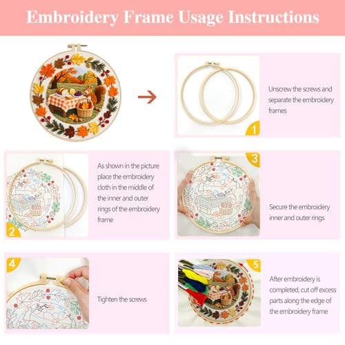 Zhenqing Autumn Picnic Squirrel Embroidery Kit for Beginners - Complete Set with Pre-Printed 29x29cm Cotton Fabric, Hoop, Threads & Tools(C0141)