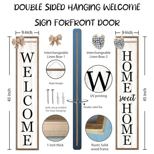 Outdoor Welcome Sign for Front Porch Standing Large 2 Sided 45"X9" Wooden Frame Tall Vertical Leaner Long Home Sweet Home Front Door Sign for Rustic Outside Farmhouse Modern Decor (Wood White) Surfapans