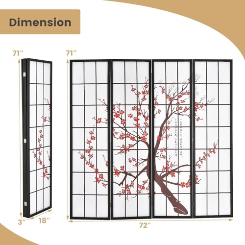 GOFLAME Japanese Style 4 Panel Room Divider, 6ft Folding Shoji Screen Room Partition with Plum Blossom Design, Solid Wood Frame, Freestanding Wall Divider, Indoor Room Separator for Home Office GOFLAME