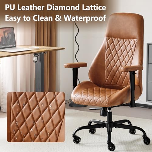 YFO Home Office Desk Chair High Back Office Rubber Casters Ergonomic Computer Chair with Lumbar Support Adjustable Height Rolling Swivel Chair Executive Task Armrests๏ผ Brown Leather YFO