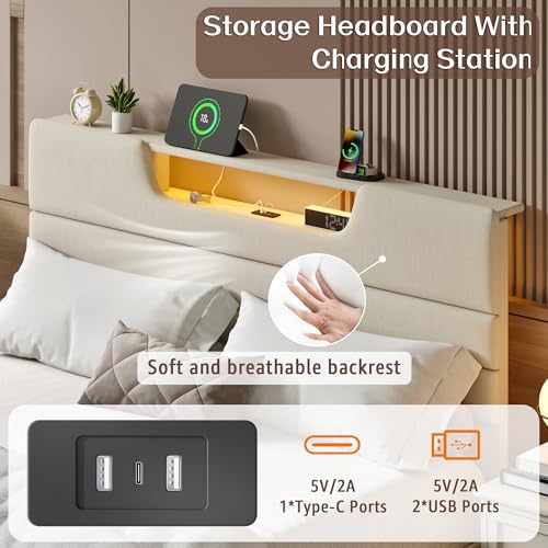 OURPIC Queen Size Bed Frames with Upholstered Headboard, Modern Platform Bed with Charging Station and Led Lights, Bed Frame with Sturdy Wooden Slats/No Box Spring Needed/2-Tier Storage, Beige OURPIC
