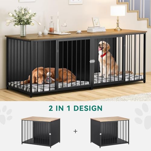 YITAHOME Double Dog Crate Furniture, 80.2 inch Large Breed Dog Kennel with Divider, Heavy Duty Dog House TV Stand Indoor for 2 Medium Dogs, Black YITAHOME
