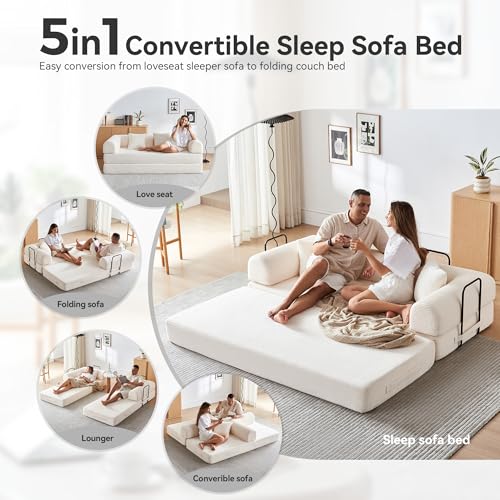 QQR Convertible Folding Mattress Couch, 5-in-1 Futon Sofa with Armrests, Sleeper Mattress Sofa Bed Comfy Fold Out Bed for Living Room, Bedroom, Lounge,Guest, Office (Beige White) QQR