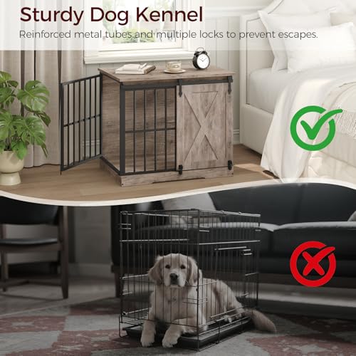 MAHNACRIS 31.5" Farmhouse Dog Crate Furniture with Barn Door, Heavy Duty Dog Kennel for Small Medium Dogs, Wooden Dog Cage End Table, Decorative Pet House, Chew Resistant, Greige DCHG8001 MAHANCRIS